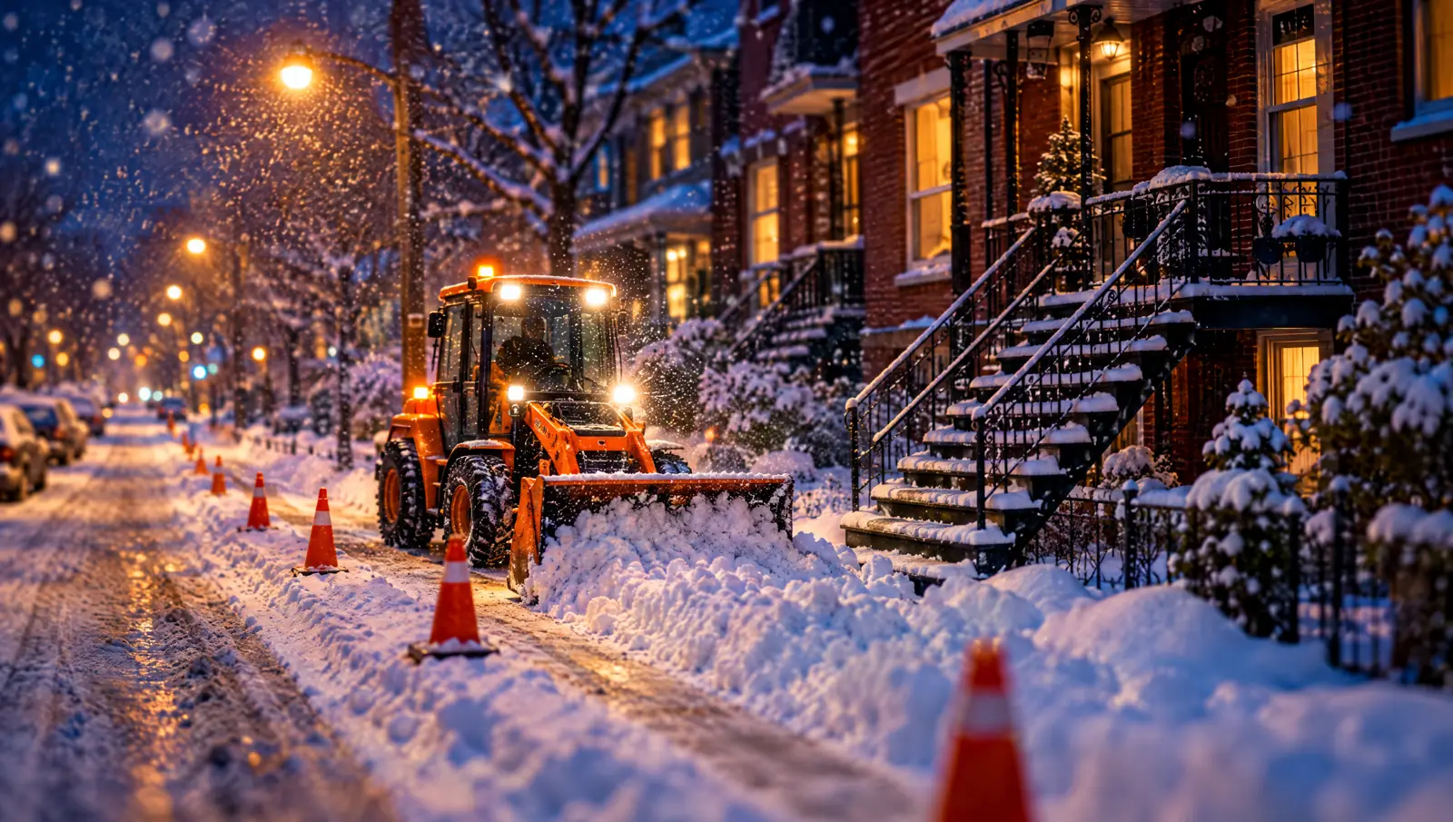Illustration of a sidewalk snow plow and orange cones on a snowy night