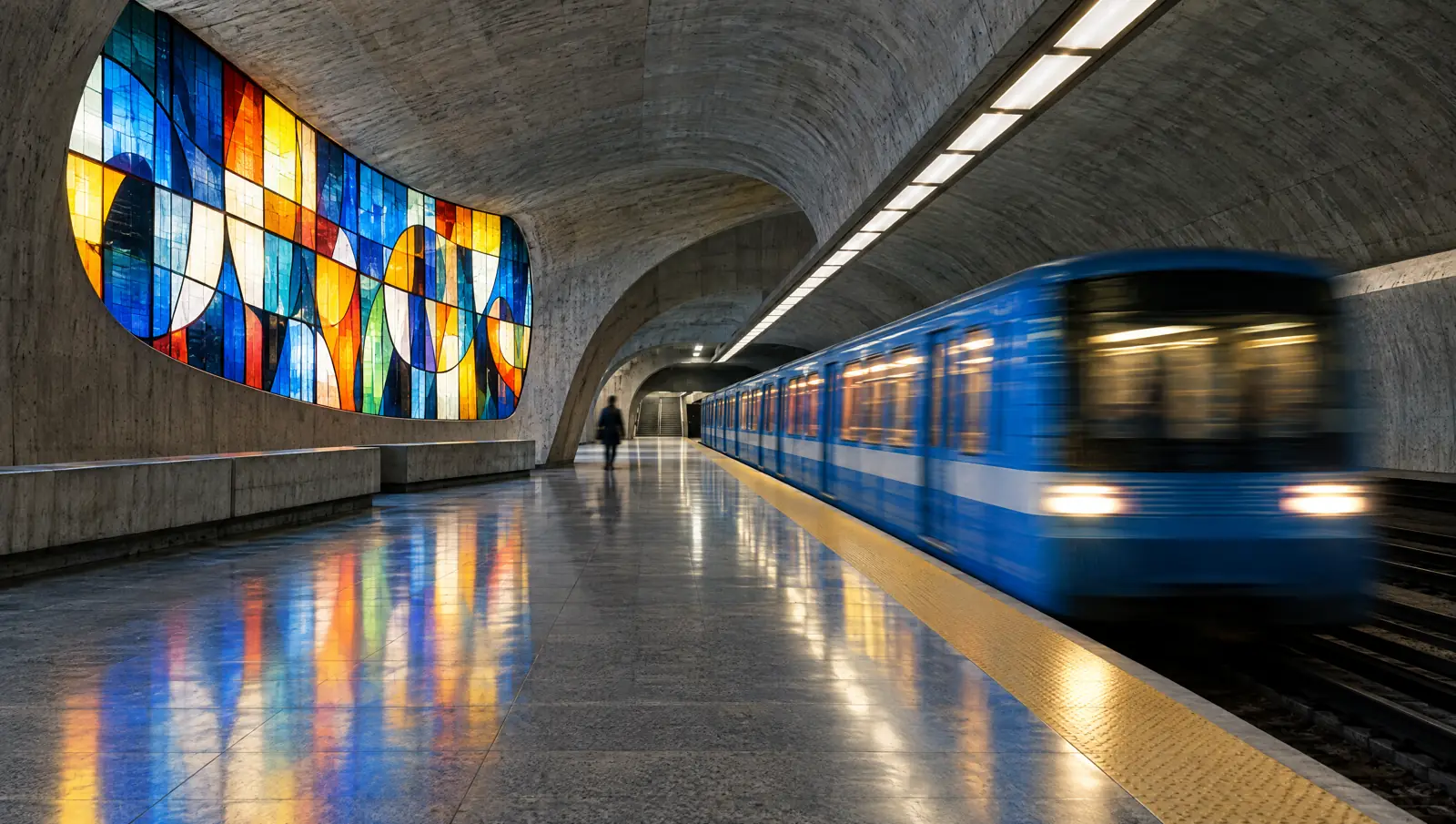 Illustration of a Montreal metro platform with a train arriving