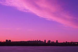 Purple sunset over the city of montreal