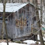 Cabin in the woods with ski and winter equipment