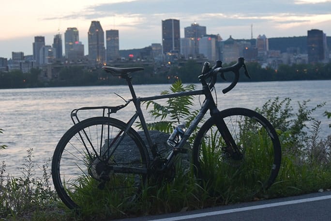 A bike parked infront of the city of Montreal