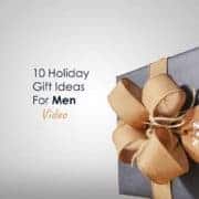 A grey gift box with text saying 10 holidays Gift Ideas for Men