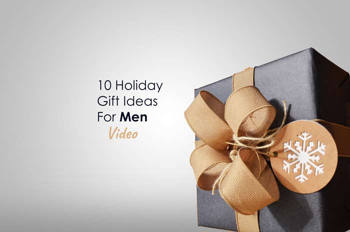 A grey gift box with text saying 10 holidays Gift Ideas for Men